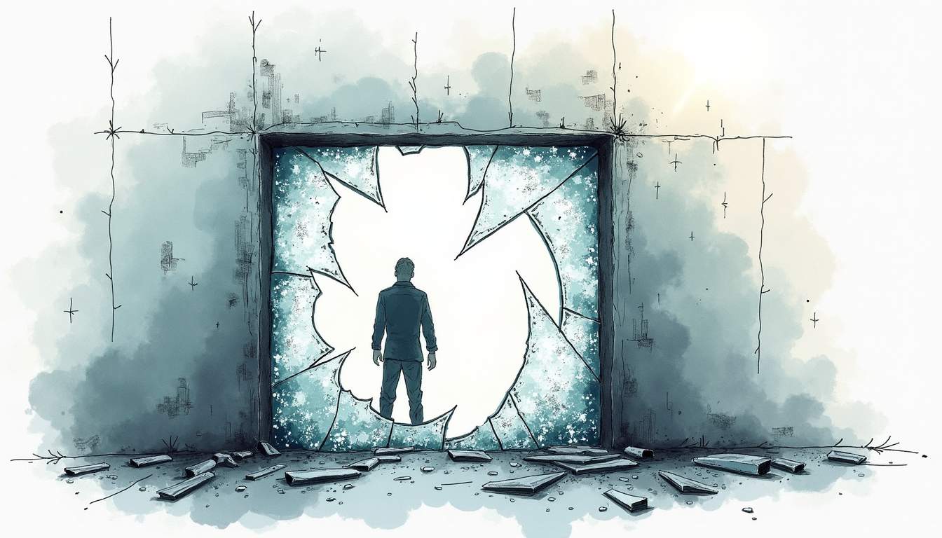 A dramatic scene depicting a shattered glass window with a shadowy figure in the background