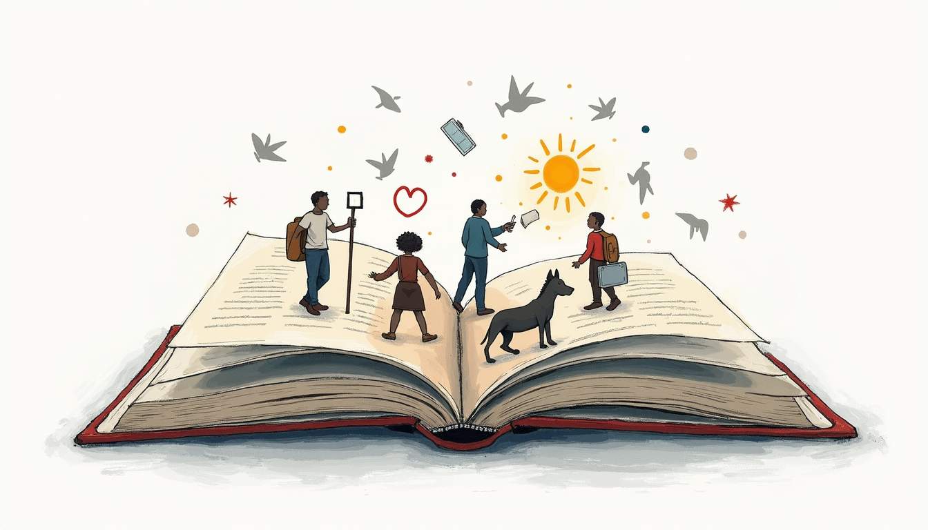 An open book with pages filled with symbolic imagery representing the themes of trust