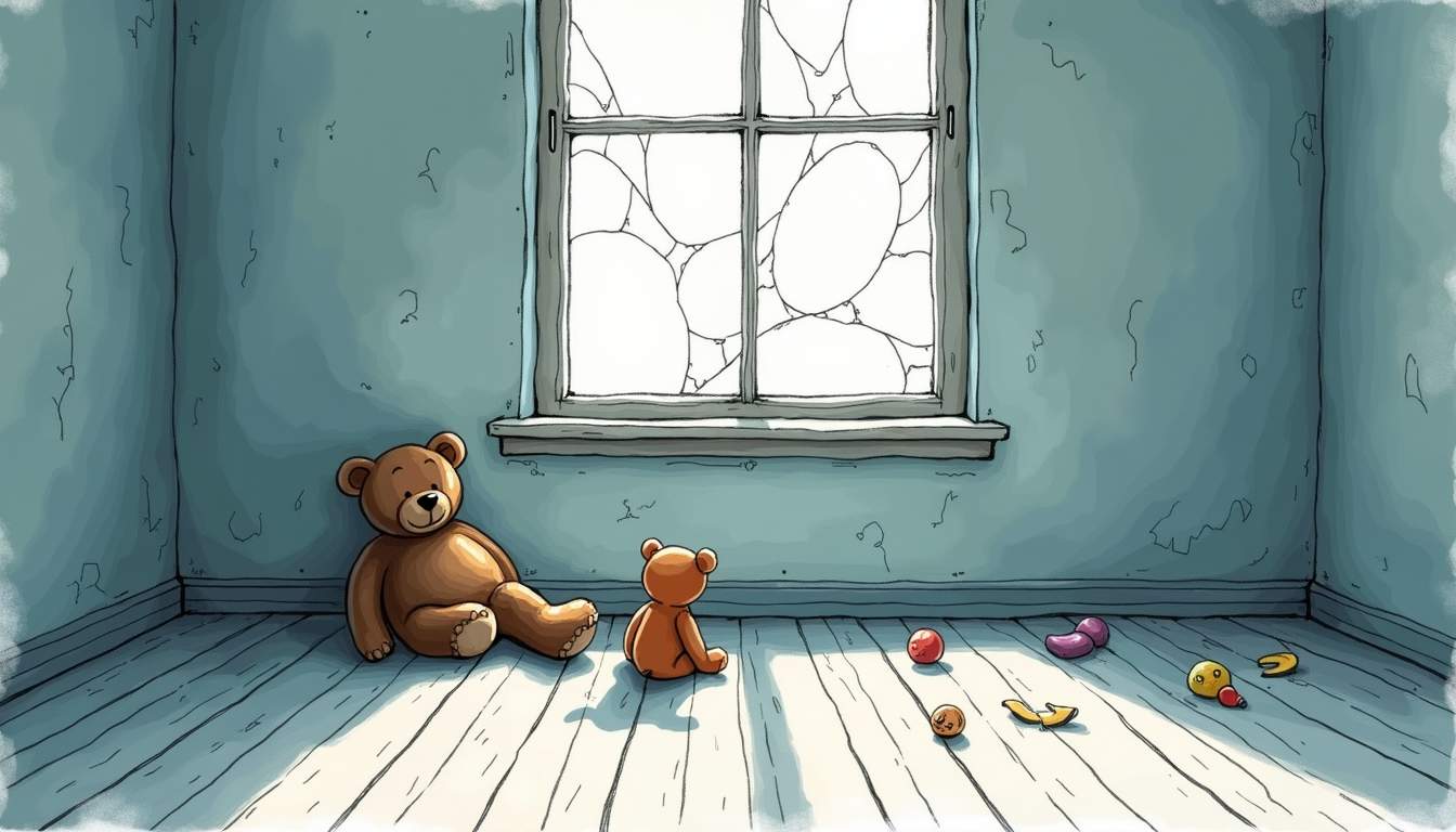 A teddy bear and toys in an empty room