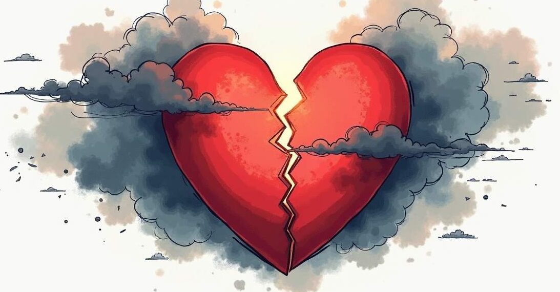 An abstract representation of a broken heart intertwined with dark clouds and faint rays of light breaking through